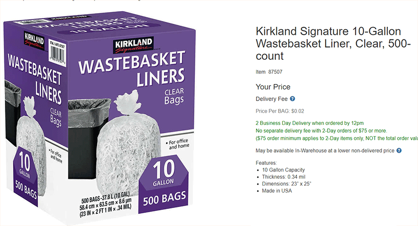 Kirkland Signature 10 Gallon Wastebasket Liners, 500 Bags, Clear
