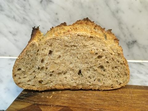 Crumb view of lemon-rosemary-wheat bread. The lemon and rosemary don’t show. 
