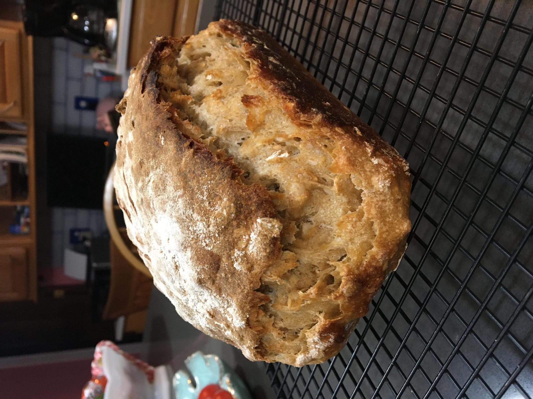 An angled photo of a loaf of bread.