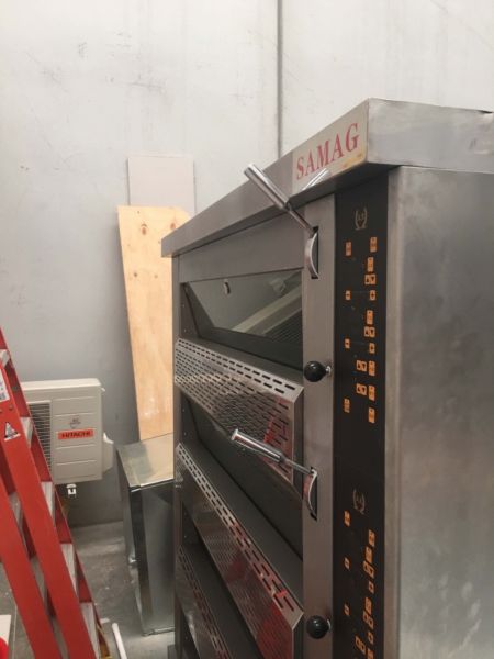 Brand new. SAMAG Four Deck Stone Pizza Oven with Steam function, three phase electric power connection. (44kw input power required) 300C temp. range.