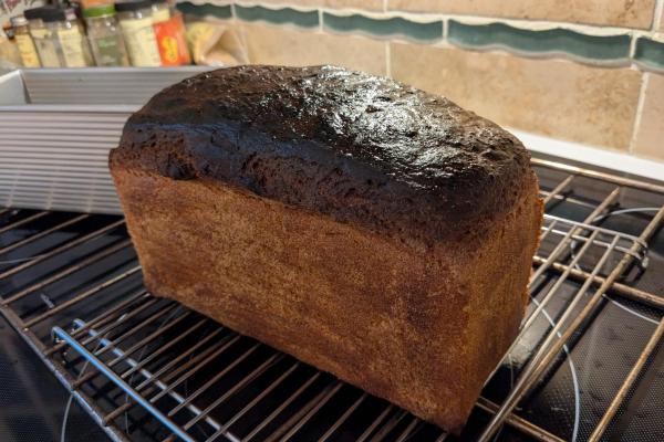 My chestnut-colored Frisian black bread having been painted down with boiling water