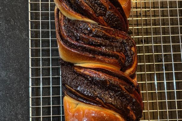 Chocolate babka loaf, top view