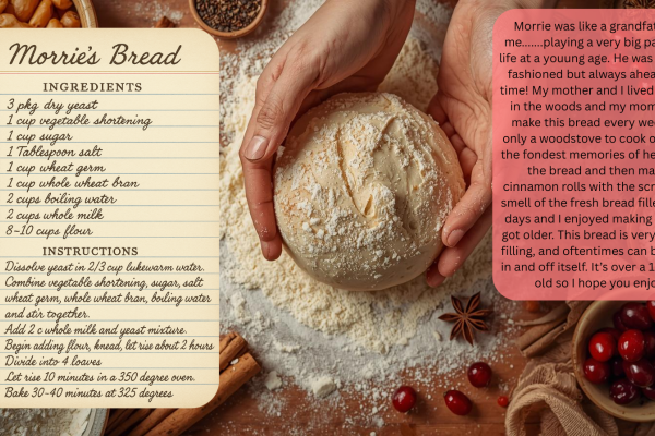 A picture of a person making bread, a square with a written recipe, another square with a backstory. 