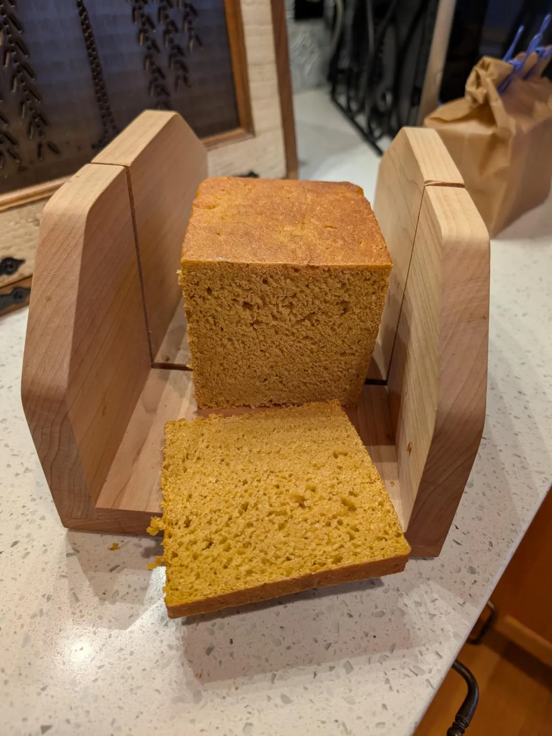 Sweet potato loaf sliced showing color and crumb