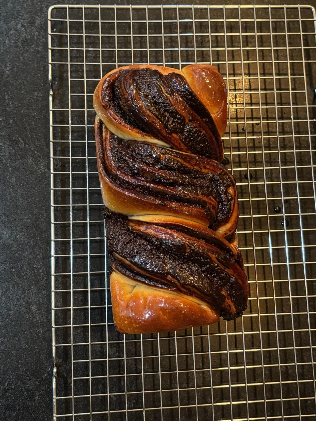 Chocolate babka loaf, top view