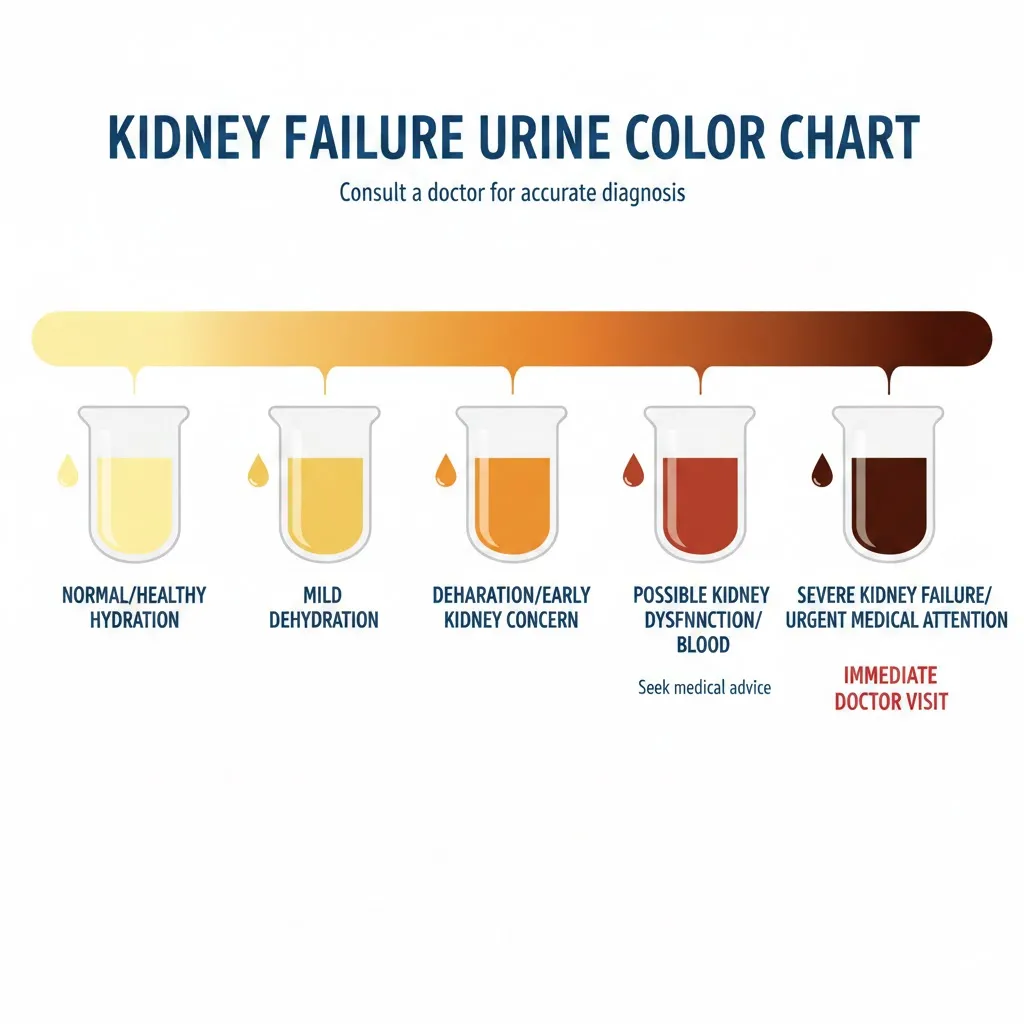 A Kidney Failure Urine Color Chart helps identify warning signs of kidney problems through urine color changes. Pale urine may indicate overhydration, dark yellow or brown can signal dehydration or kidney stress, red or pink may show blood, and foamy urine suggests protein leakage. Persistent changes require medical attention.